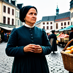 A middle-aged woman, fully clothed in modest, practical attire, stands observing the everyday activities in a bustling, historically-accurate 19th-century European market square. The scene emphasizes rich, earthy tones and natural lighting, depicting an authentic street filled with vendors, baskets of produce, and casually dressed townsfolk in the background. Her expression is pensive, reflecting on the details of ordinary life. Full body shot, natural pose, perfect anatomy, well-formed hands, correct proportions, proper finger count. Professional photography, high detail, safe for work, appropriate content, fully clothed, family-friendly.