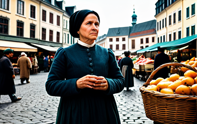 A middle-aged woman, fully clothed in modest, practical attire, stands observing the everyday activities in a bustling, historically-accurate 19th-century European market square. The scene emphasizes rich, earthy tones and natural lighting, depicting an authentic street filled with vendors, baskets of produce, and casually dressed townsfolk in the background. Her expression is pensive, reflecting on the details of ordinary life. Full body shot, natural pose, perfect anatomy, well-formed hands, correct proportions, proper finger count. Professional photography, high detail, safe for work, appropriate content, fully clothed, family-friendly.