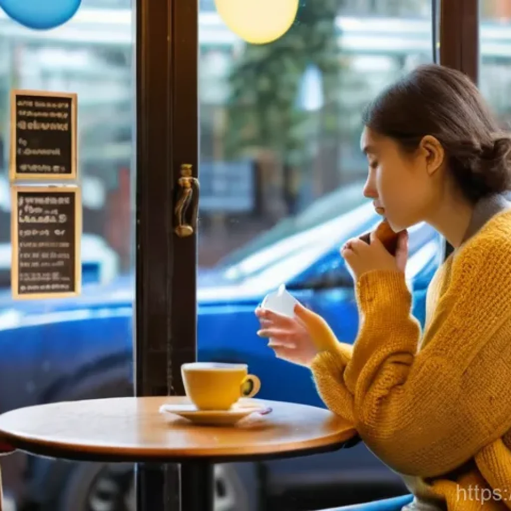 모더니즘 소설 기법 - **Inner Monologue in a Bustling Cafe:**
A medium shot of a person in their late 20s, dressed in ...