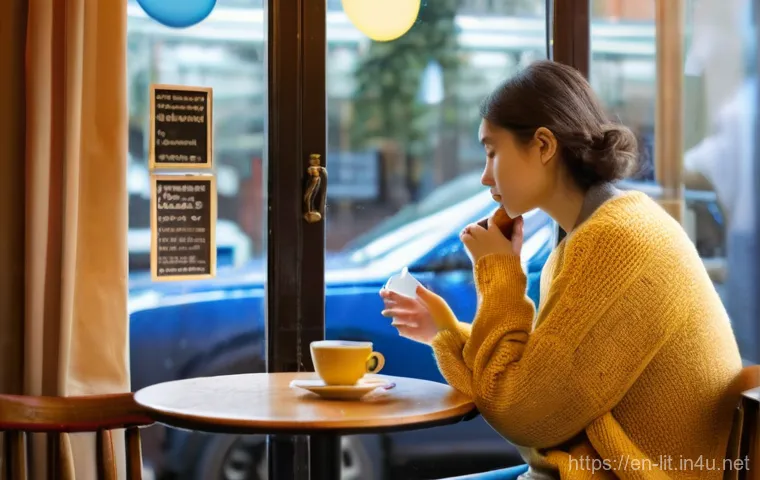 모더니즘 소설 기법 - **Inner Monologue in a Bustling Cafe:**
A medium shot of a person in their late 20s, dressed in ...