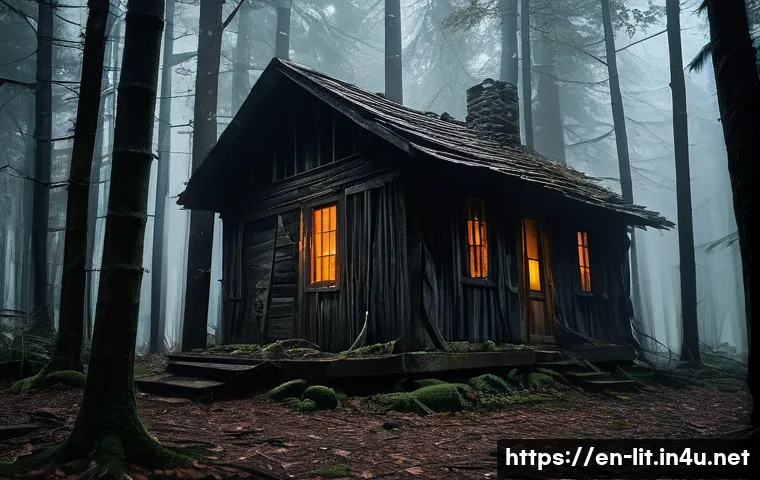 공포 문학의 심리적 요소 - A dimly lit, abandoned cabin deep within a dense, fog-shrouded forest at night. The wooden structure...
