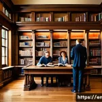 Home 22 근대 문학과 탈근대 문학 - A sophisticated library scene featuring a diverse group of adult readers immersed in classic novels,...