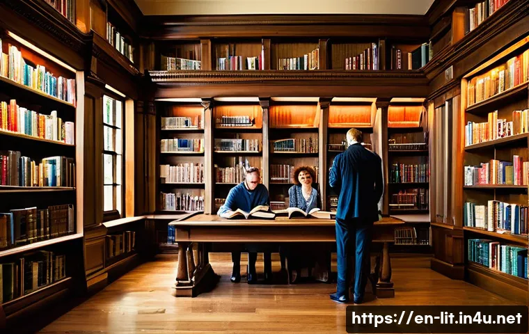 근대 문학과 탈근대 문학 - A sophisticated library scene featuring a diverse group of adult readers immersed in classic novels,...