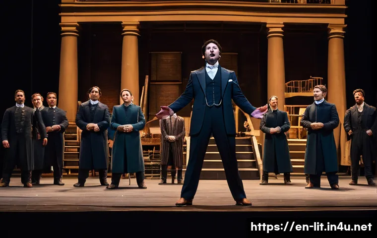 마르크스주의 문학 이론 - A dramatic theater scene depicting intense class conflict: a diverse group of actors on stage in per...