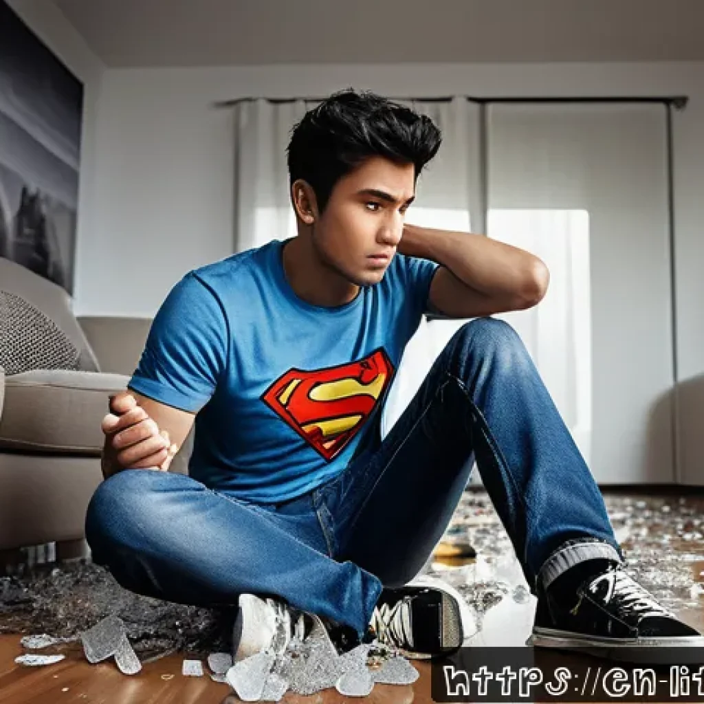 소설 속 아이러니 기법 - A dramatic scene set in a modern living room where a heroic figure, dressed in casual clothes and we...