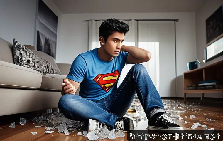 소설 속 아이러니 기법 - A dramatic scene set in a modern living room where a heroic figure, dressed in casual clothes and we...