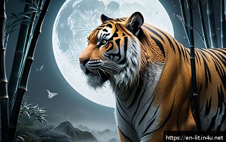 한중 문학 교류 - A richly detailed scene depicting a fusion of Korean and Chinese literary symbolism: a majestic tige...