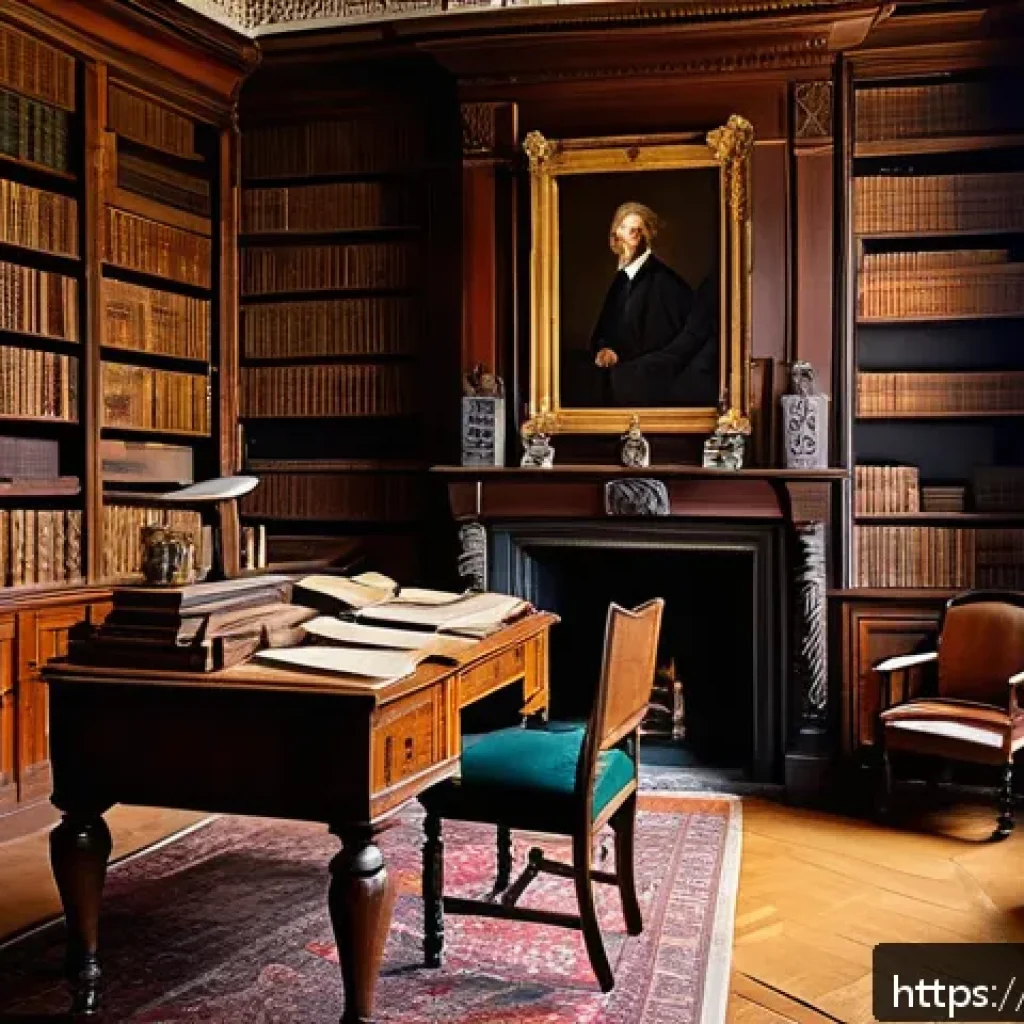 고전 문학 필독서 - A richly detailed study room from the 19th century, filled with antique bookshelves overflowing with...