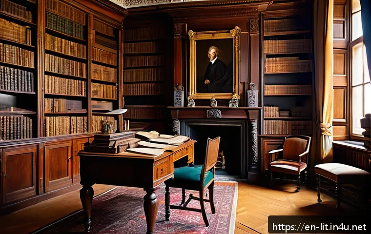 고전 문학 필독서 - A richly detailed study room from the 19th century, filled with antique bookshelves overflowing with...