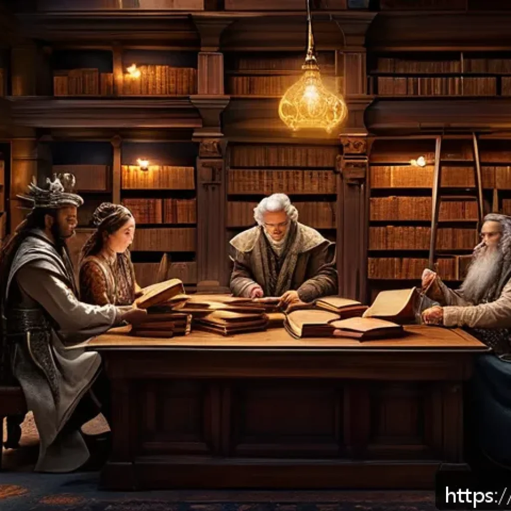 판타지 문학과 현실 - A richly detailed fantasy library scene featuring a diverse group of readers immersed in magical boo...