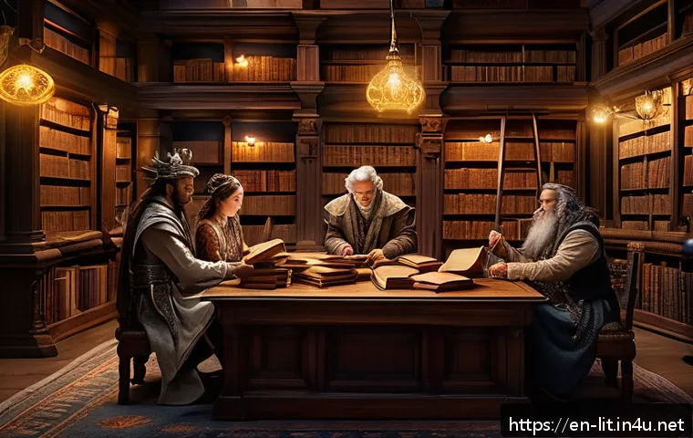 판타지 문학과 현실 - A richly detailed fantasy library scene featuring a diverse group of readers immersed in magical boo...