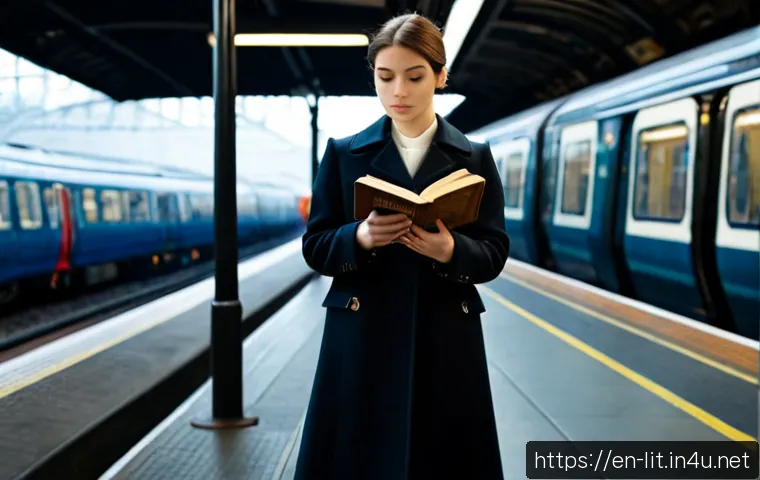 Home 17 고전 소설의 현대적 재해석 - Photorealistic cinematic scene of a young woman in a tailored vintage-inspired coat standing alone o...