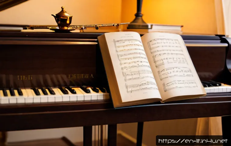 문학과 음악 - Photorealistic intimate study scene blending literature and music, an open blank-paged hardcover boo...